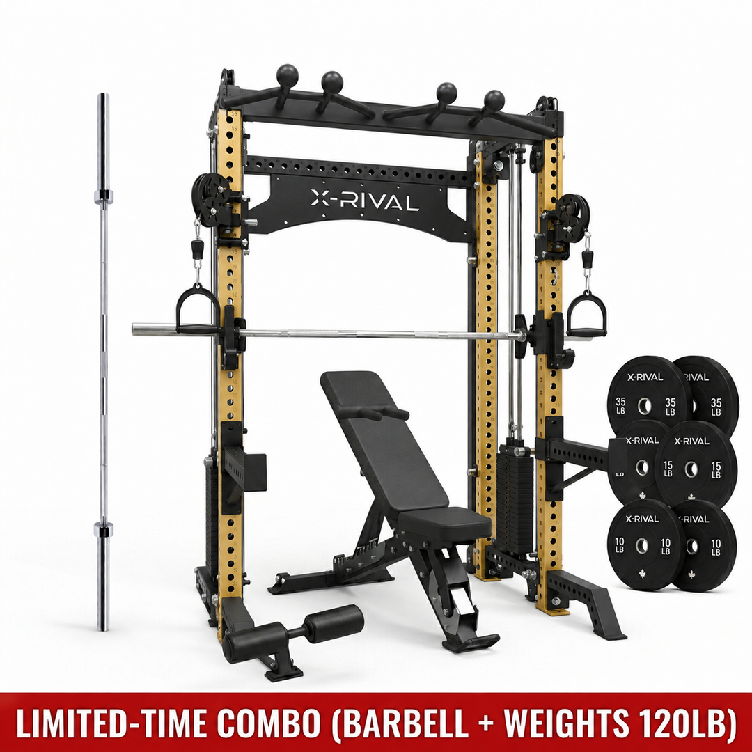X-Rival home gym combo featuring a black and gold power rack with a barbell, adjustable weight bench, and stacked 120lb weights on a white background, with a red banner at the bottom reading 'LIMITED-TIME COMBO (BARBELL + WEIGHTS 120LB)'.