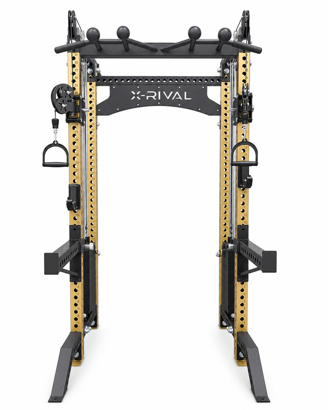 Black and gold X-Rival dual anchor squat rack with pull-up bar, dual D-rugs, and cable pulley system on a white background.