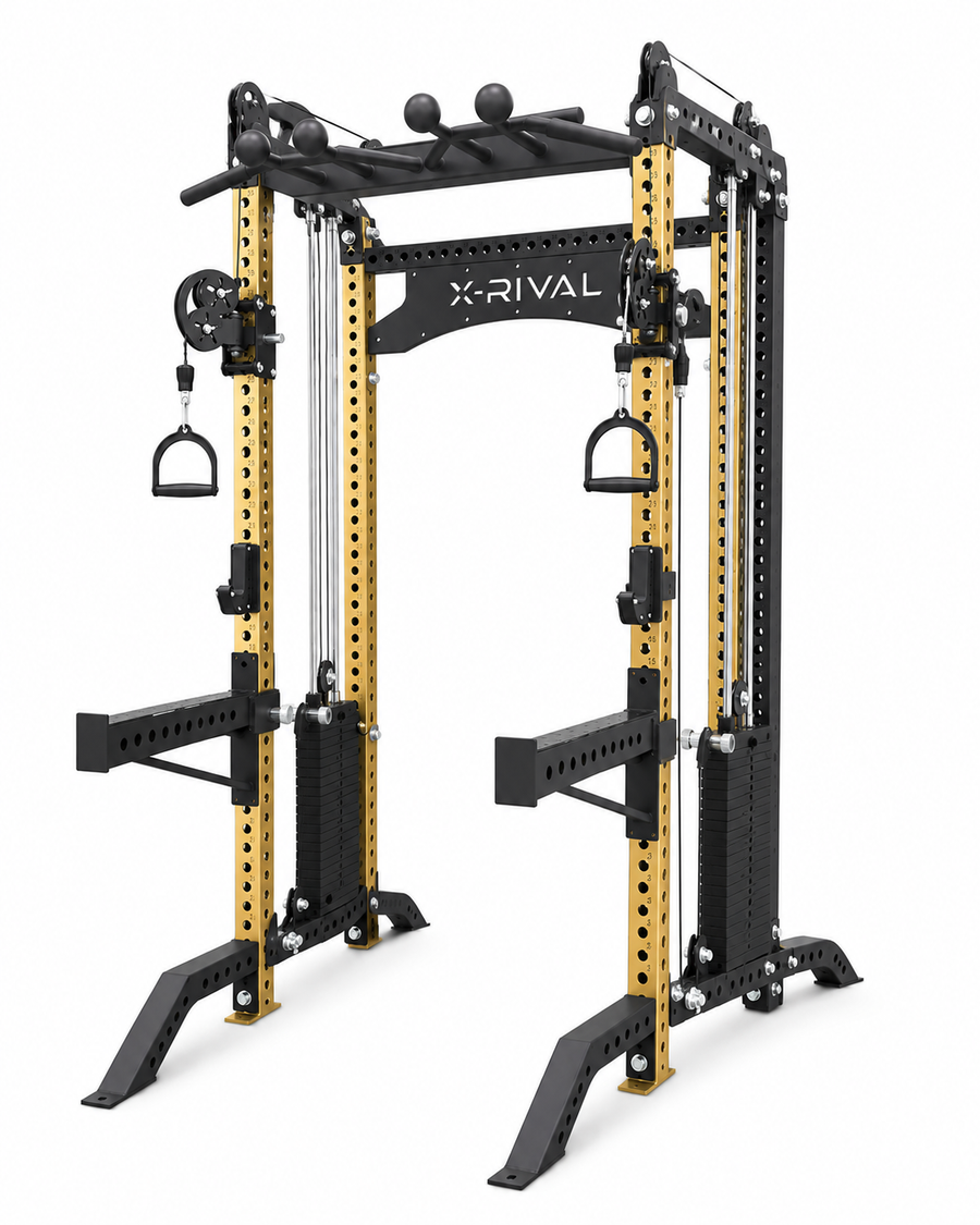 Black and gold X-Rival dual cable pulley gym machine with pull-up bar, shown on a solid white background.