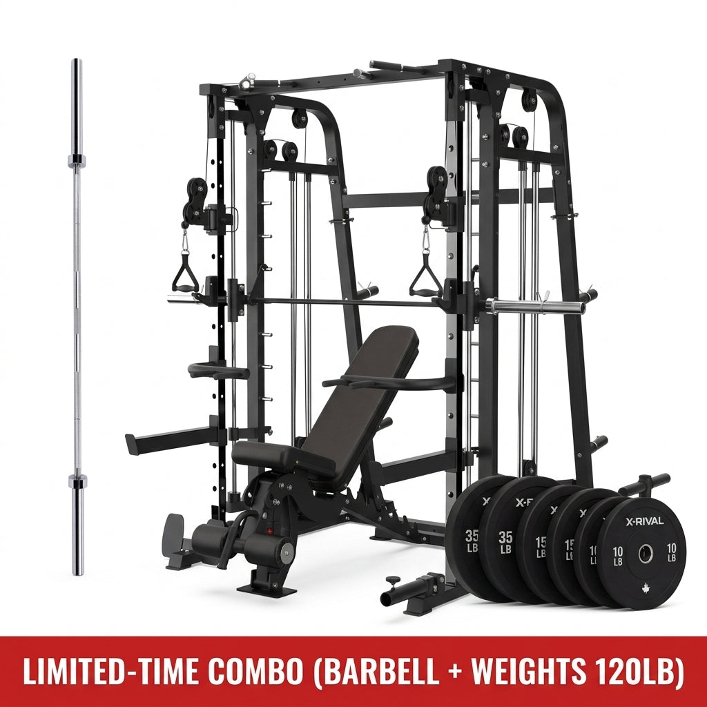Gym equipment set with barbell and weights on a white background