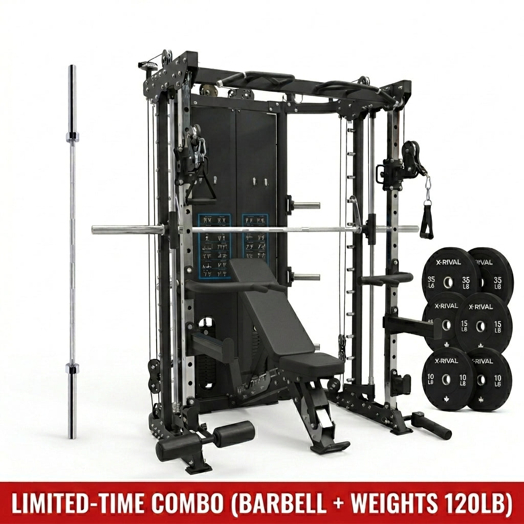all-in-one smith machine with a bench, 120 lbs weight plates and barbell.