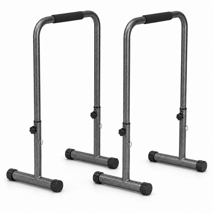 Adjustable freestanding dip bars pair with padded grips - front left view