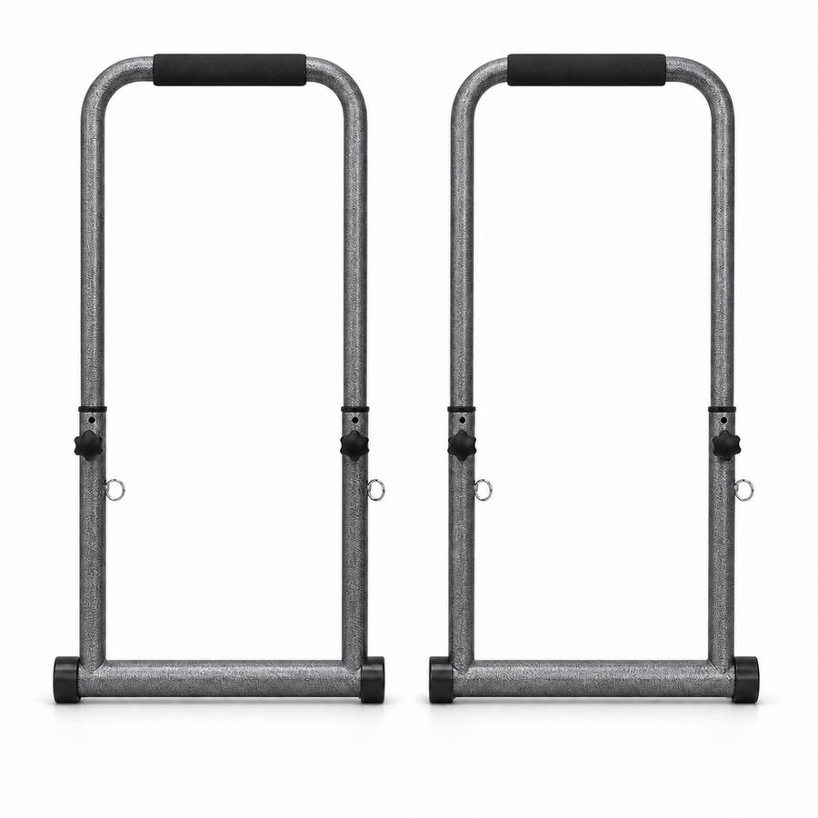 Adjustable freestanding dip bars pair with padded grips - front view