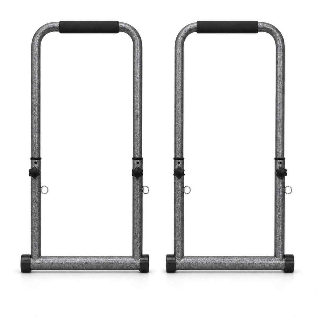 Adjustable freestanding dip bars pair with padded grips - front view