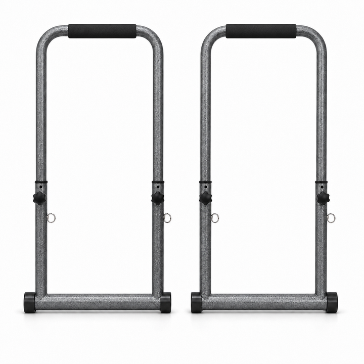 Adjustable freestanding dip bars pair with padded grips - front view