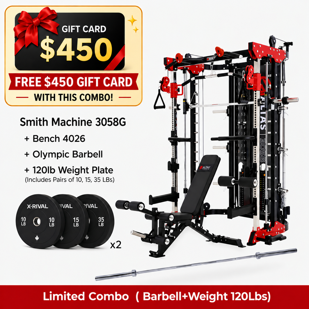 Altas AL-3058G combo with bench, barbell, 120 lb weight plates and free $450 gift card.