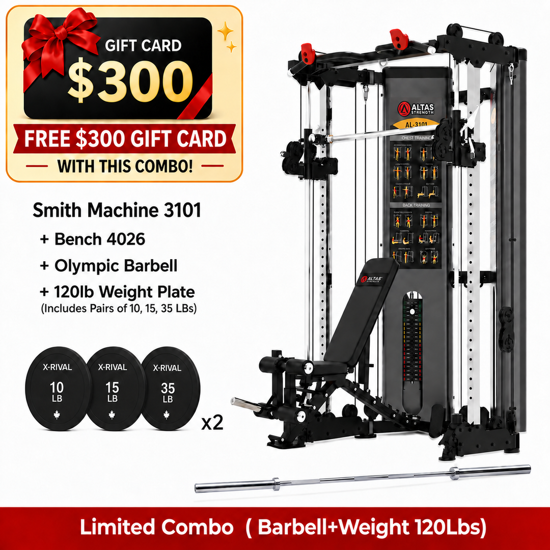Altas AL-3101 combo with bench, barbell, 120 lb weight plates and free $300 gift card.