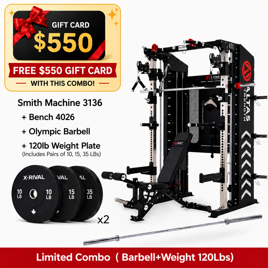 Altas AL-3136 combo with bench, barbell, 120 lb weight plates and free $550 gift card.
