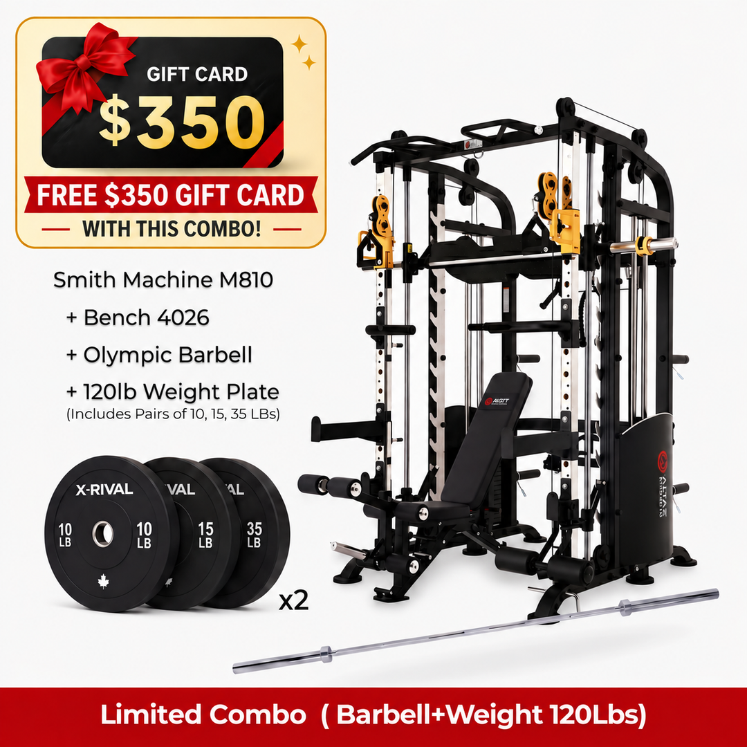 Altas M810 combo with bench, barbell, 120 lb weight plates and free $350 gift card.