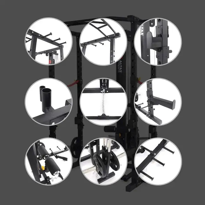 Close-up view of ALTAS AL-3028 power rack features: grips, dip handles, j-hooks, and weight lifting attachments.