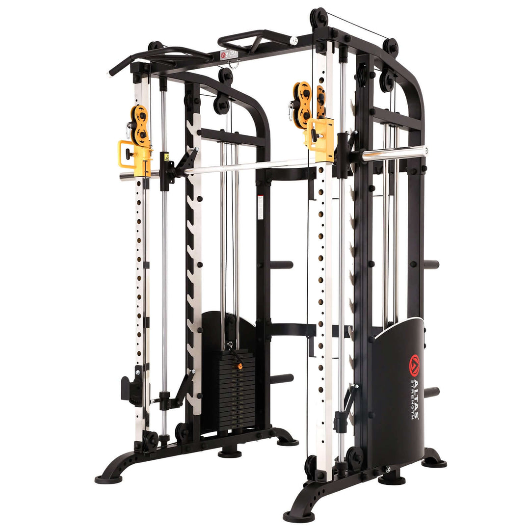 Altas AL-M810 Smith Machine for full-body workouts with pulley system and adjustable weight stations.