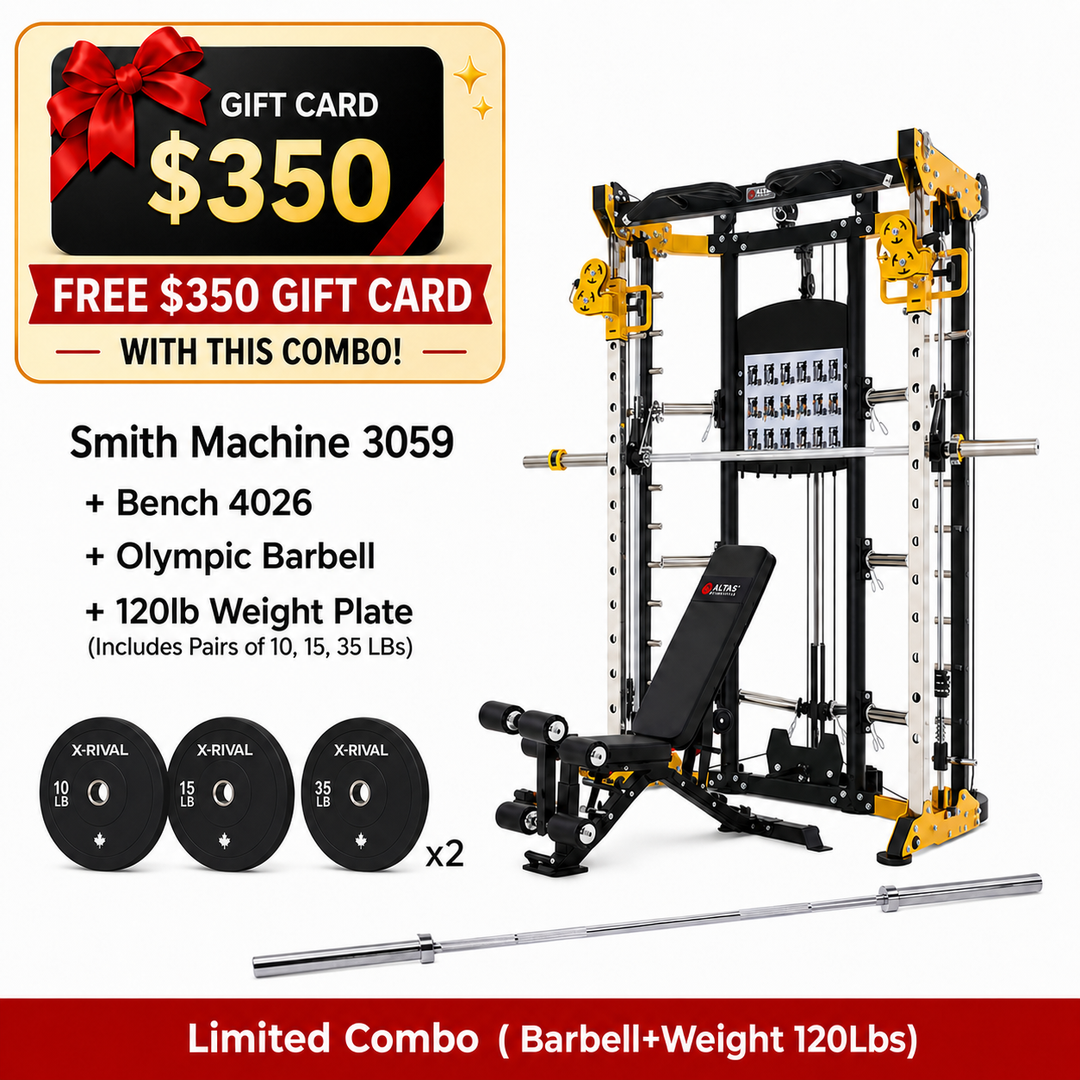 AL-3059 combo with AL-4026 bench, 120 lb plates, 7 ft barbell and free $350 gift card