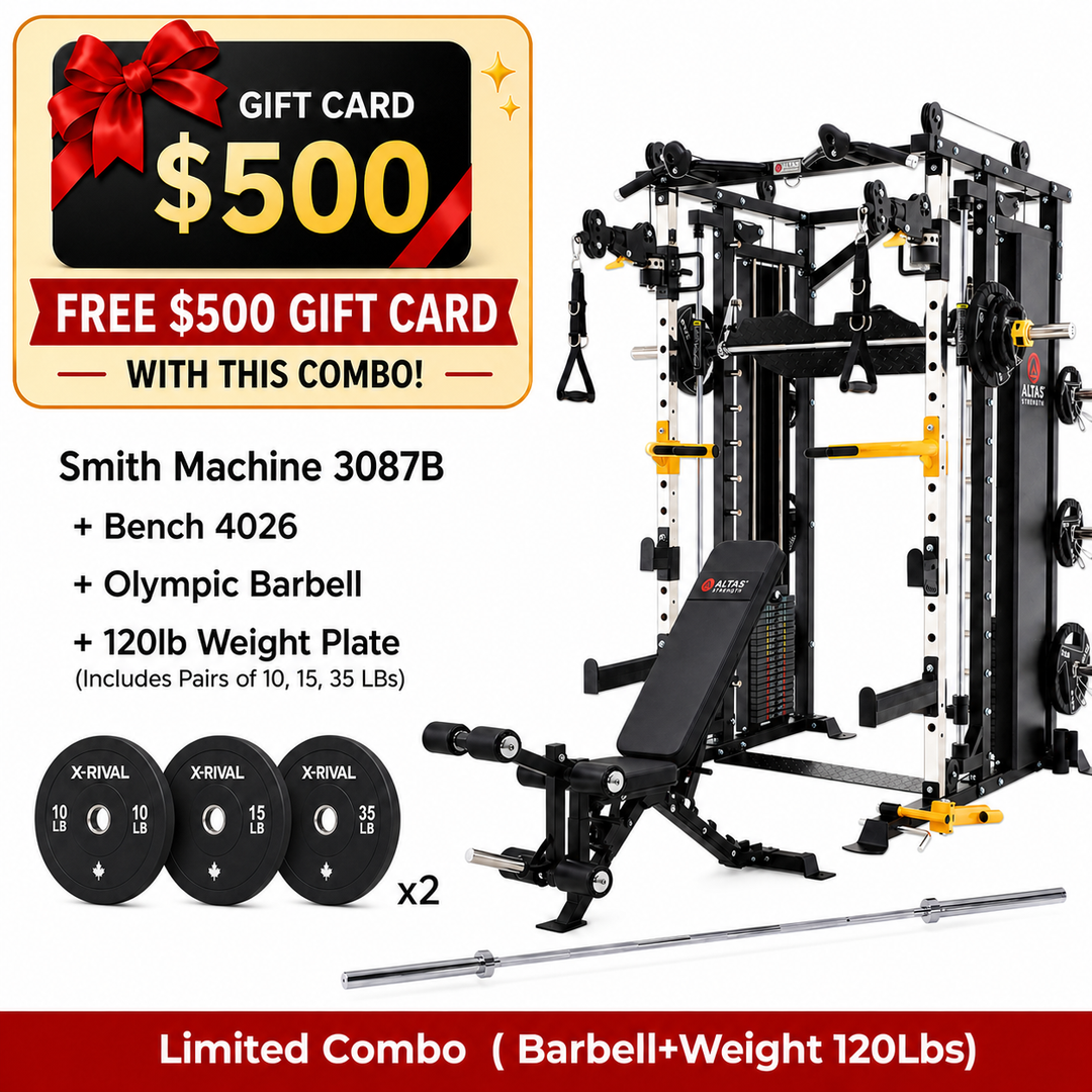 AL-3087B combo with AL-4026 bench, 120 lb plates, 7 ft barbell and free $500 gift card