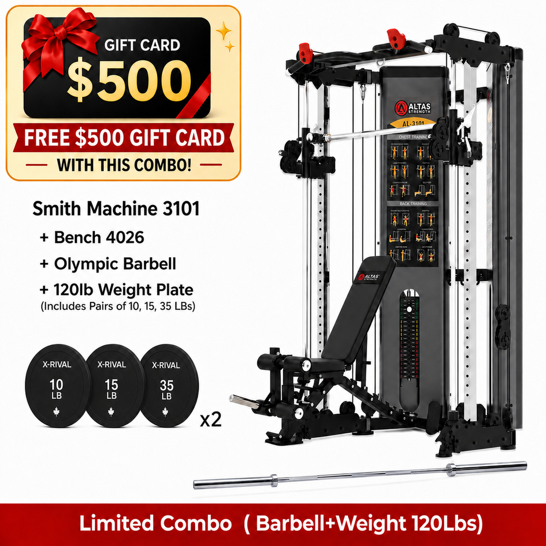 AL-3101 combo with AL-4026 bench, 120 lb plates, 7 ft barbell and free $500 gift card