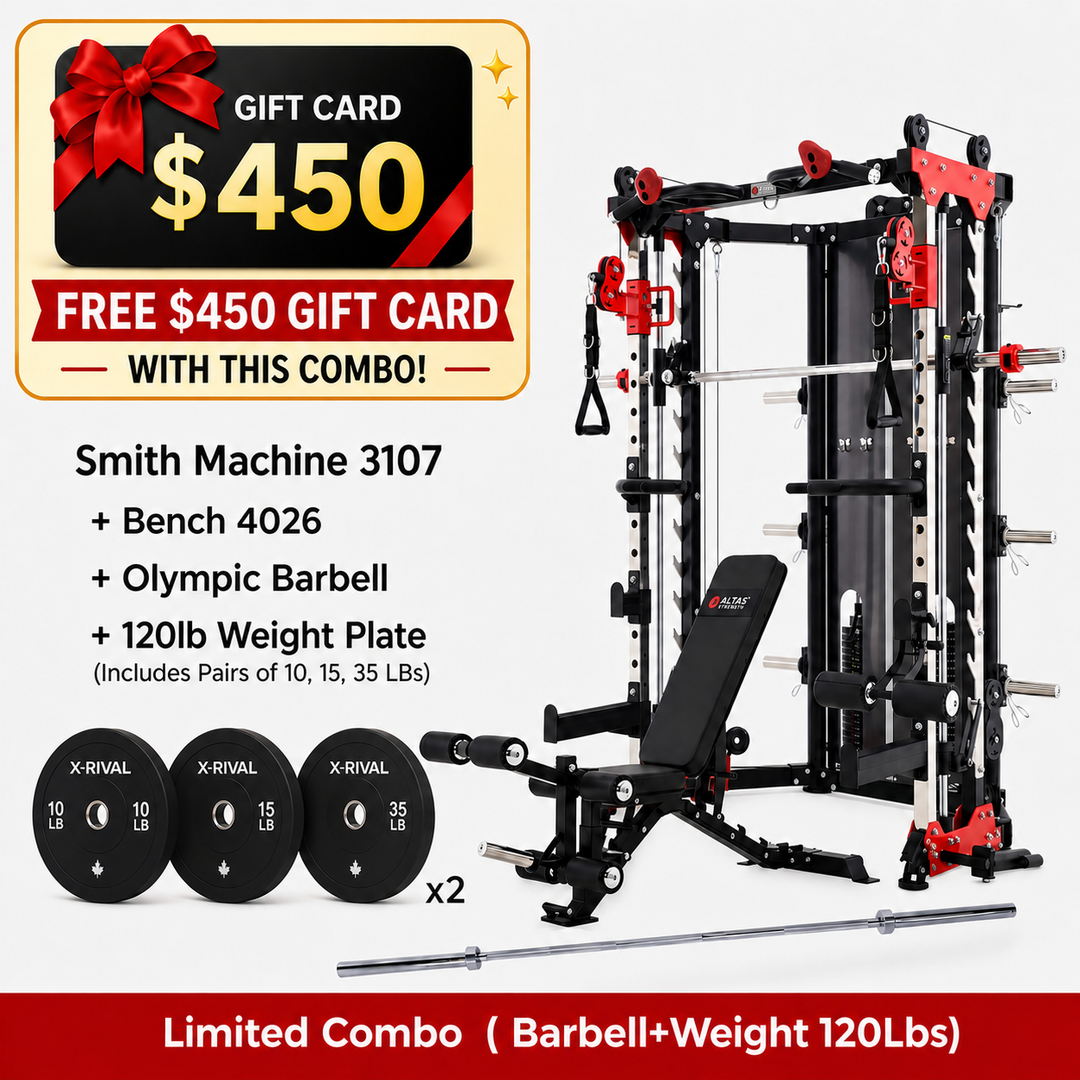 AL-3107 combo with AL-4026 bench, 120 lb plates, 7 ft barbell and free $450 gift card
