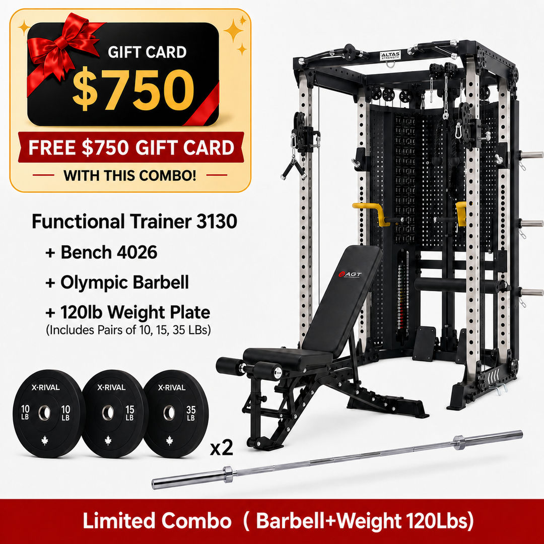 AL-3130 combo with AL-4026 bench, 120 lb plates, 7 ft barbell and free $750 gift card