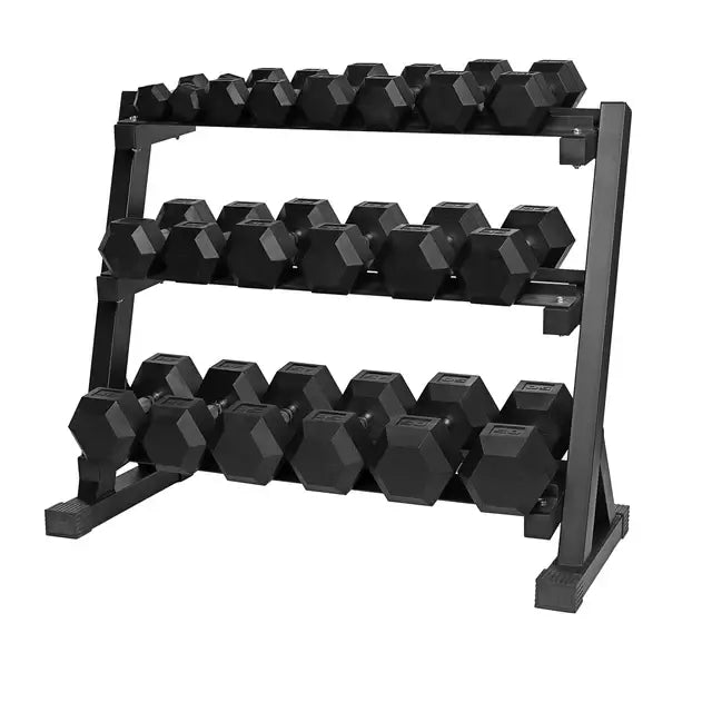 Commercial 3-tier dumbbell rack with weights, ideal for gym space optimization in Calgary, Alberta, Canada.