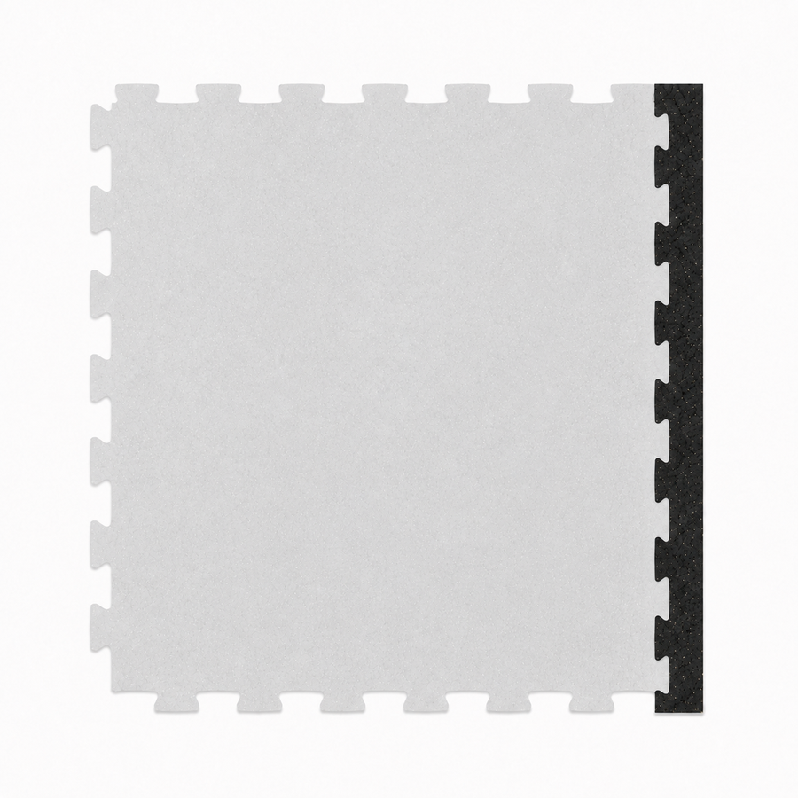 A light gray interlocking foam puzzle tile with a black textured edge strip, shown on a plain white background.