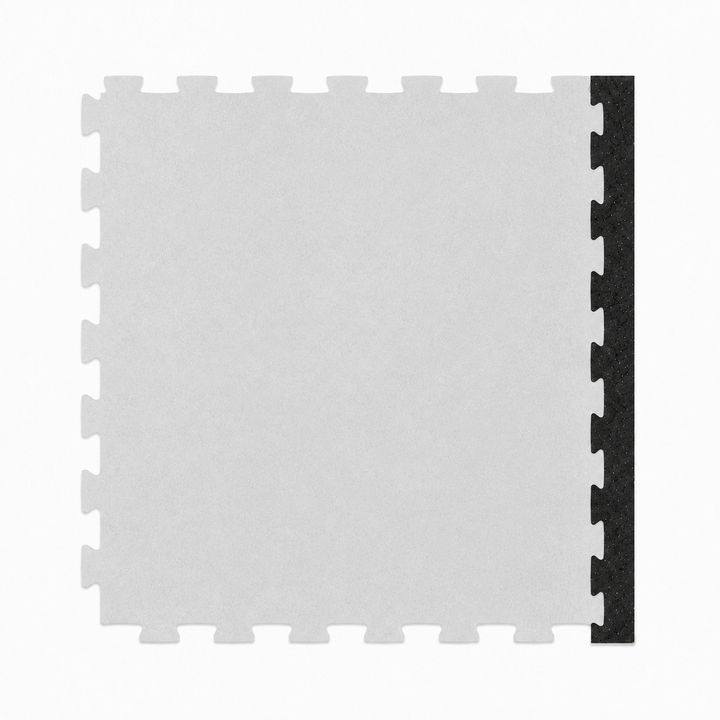 A light gray interlocking foam puzzle tile with a black textured edge strip, shown on a plain white background.