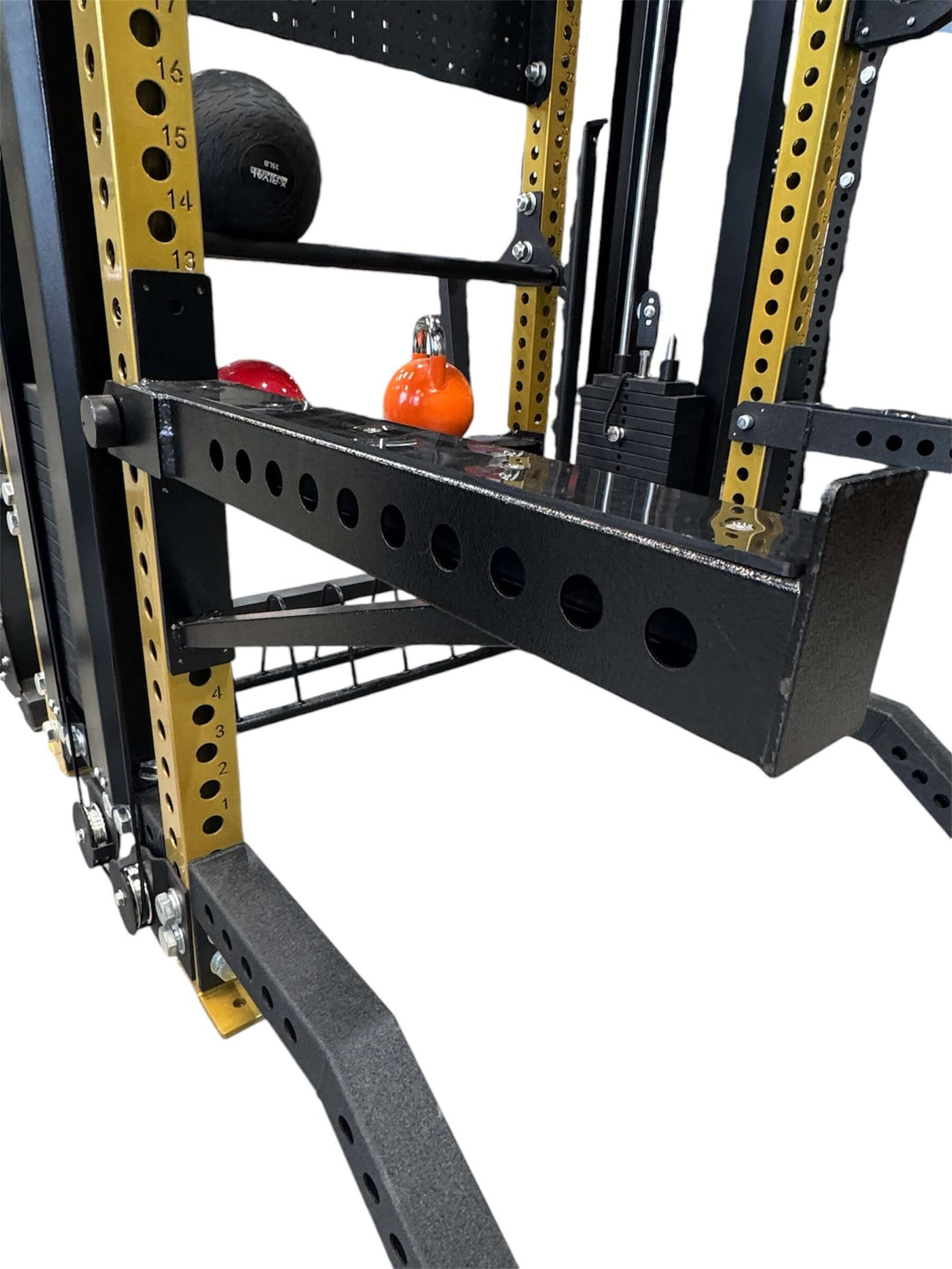 Close-up of the XRFT09(S) functional trainer showing weight storage and robust steel construction.