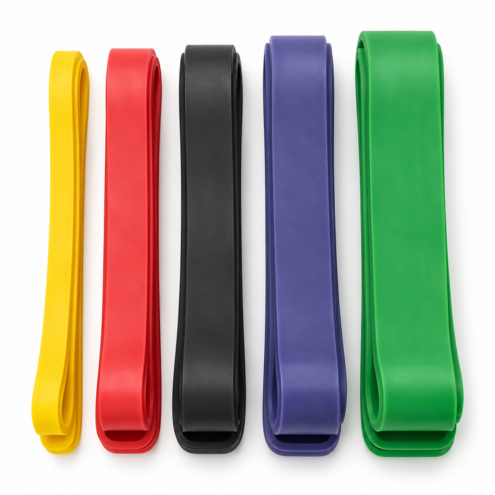 Five-piece natural latex long resistance band set in yellow, red, black, purple and green on white