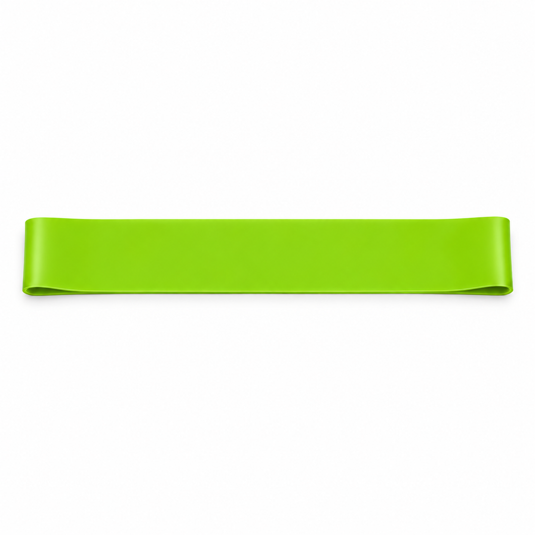 Green single mini loop resistance band on a white background