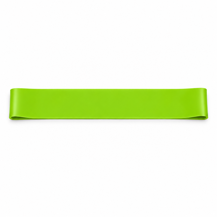 Green single mini loop resistance band on a white background