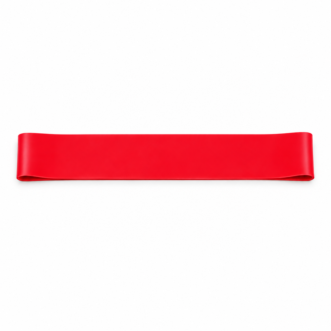 Red single mini loop resistance band on a white background