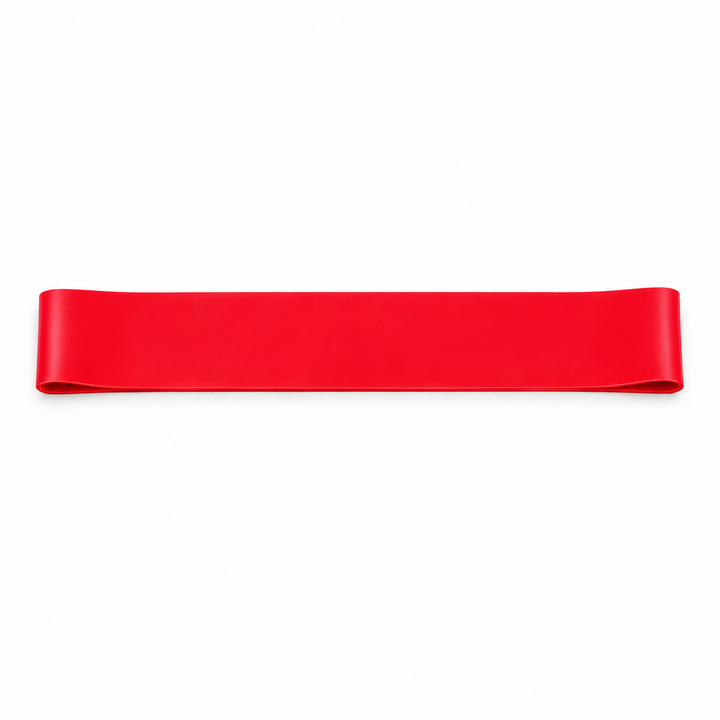 Red single mini loop resistance band on a white background