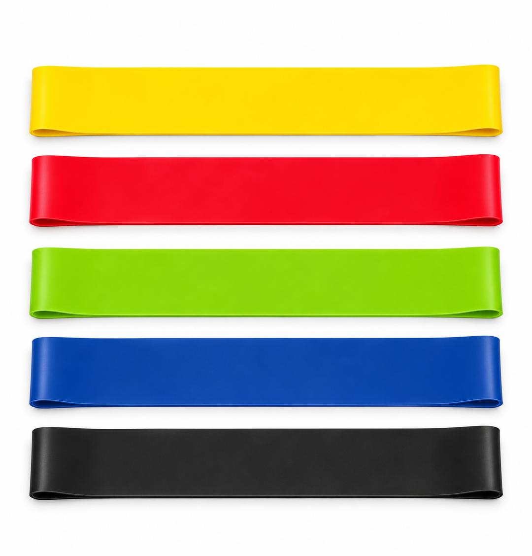 Five-piece mini loop resistance band set in yellow, red, green, blue and black on a white background