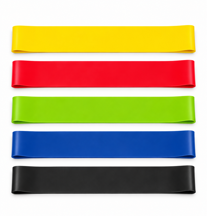 Five-piece mini loop resistance band set in yellow, red, green, blue and black on a white background