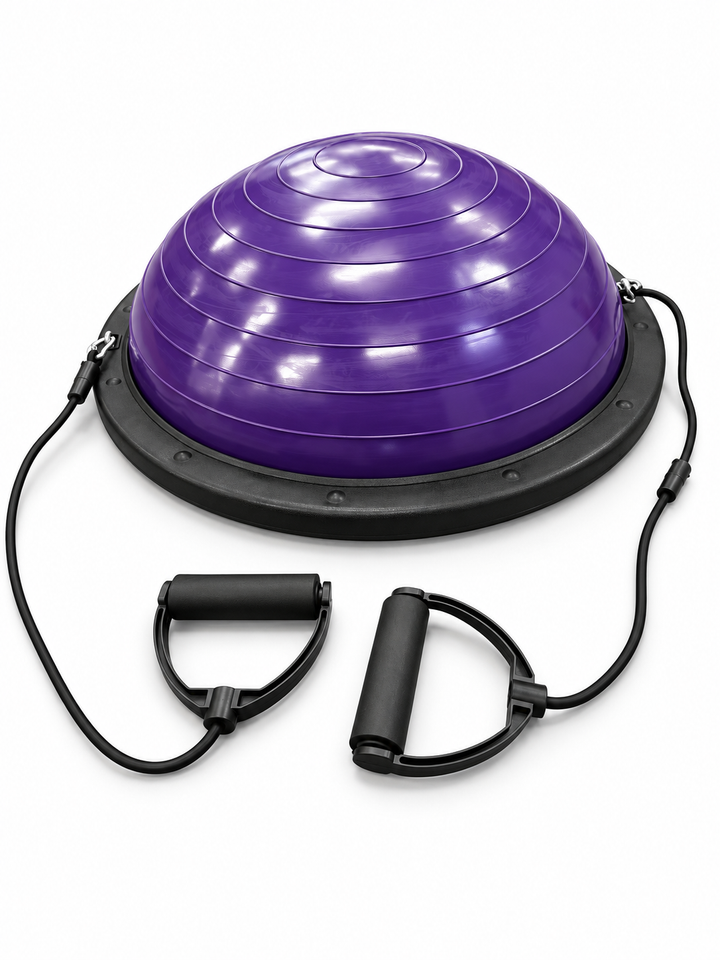 X-Rival purple dome balance trainer with two black resistance bands and handles - angled view