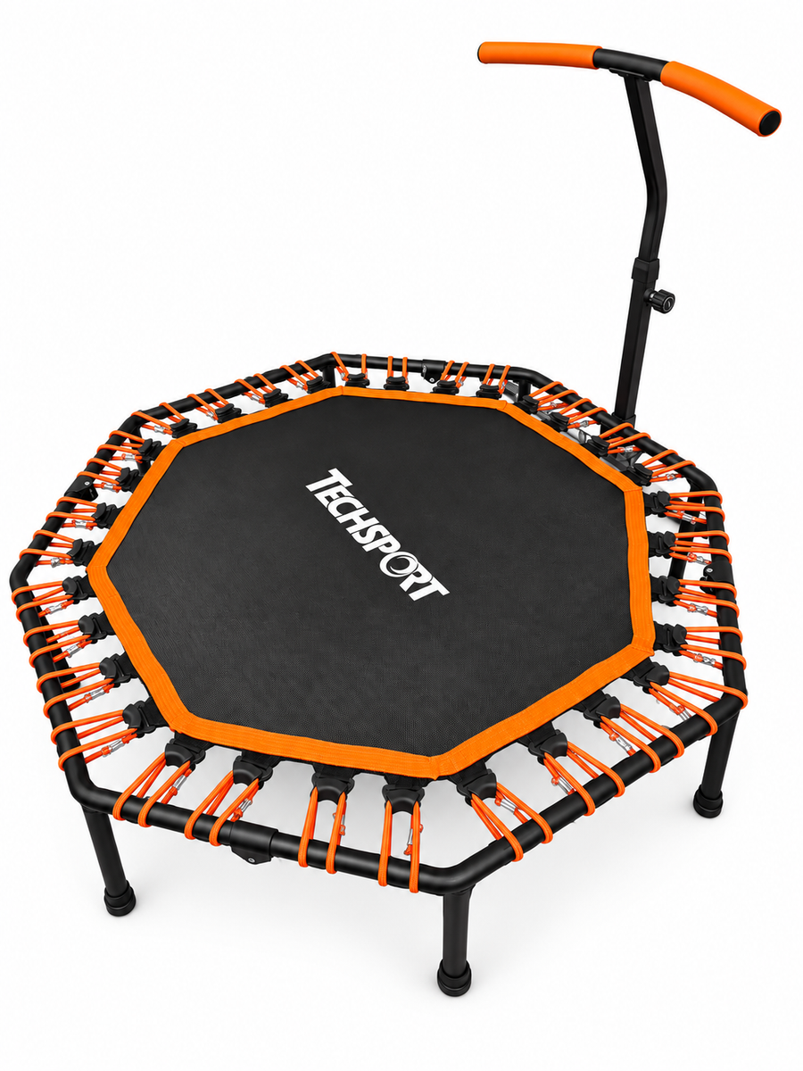 TECHSPORT rebounder - three-quarter view of mat, frame and support handle
