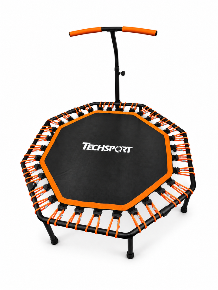 TECHSPORT black and orange bungee fitness trampoline with T-shaped support handle - front angled view