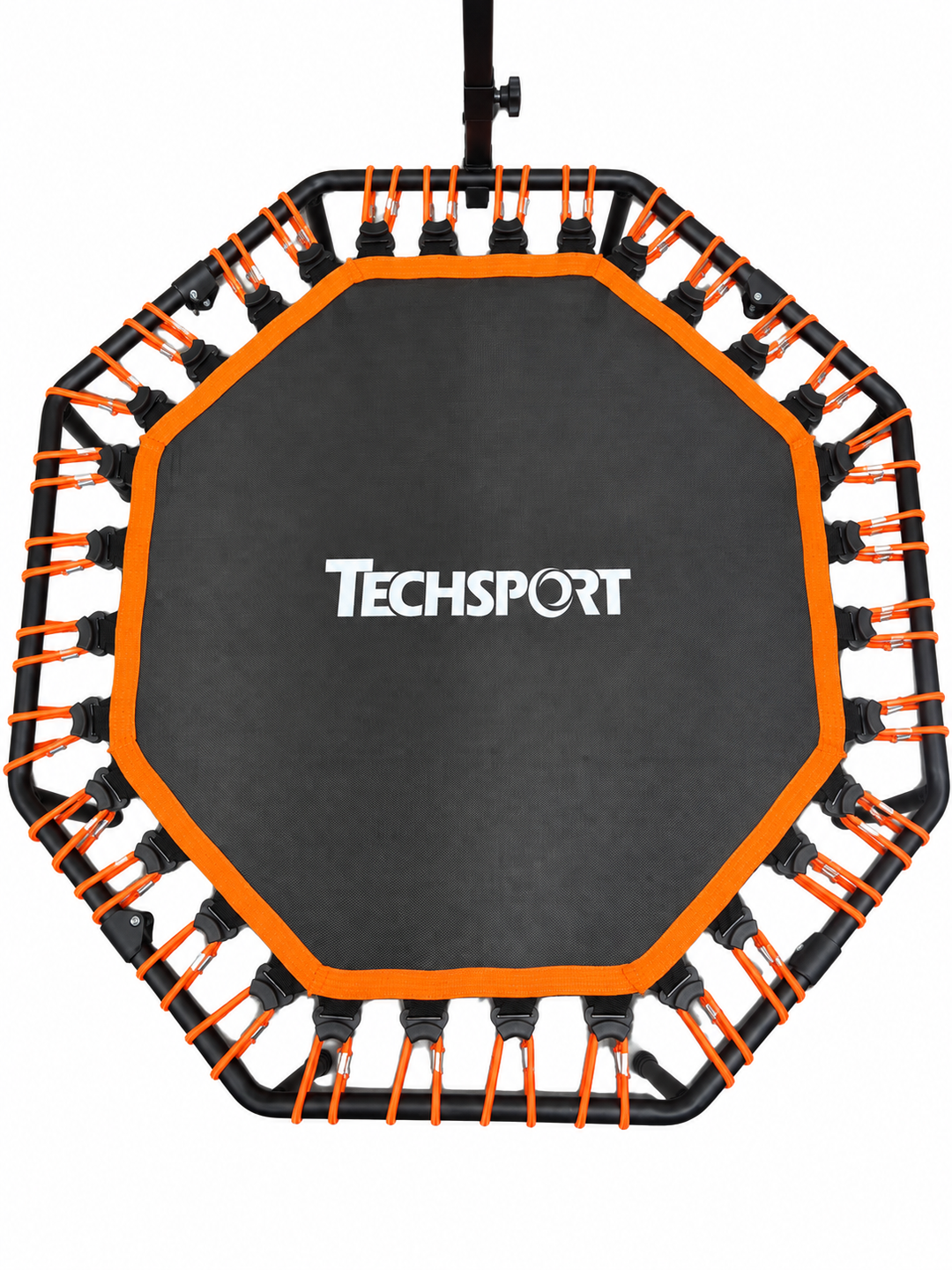 TECHSPORT trampoline - overhead detail of orange bungees and branded mat