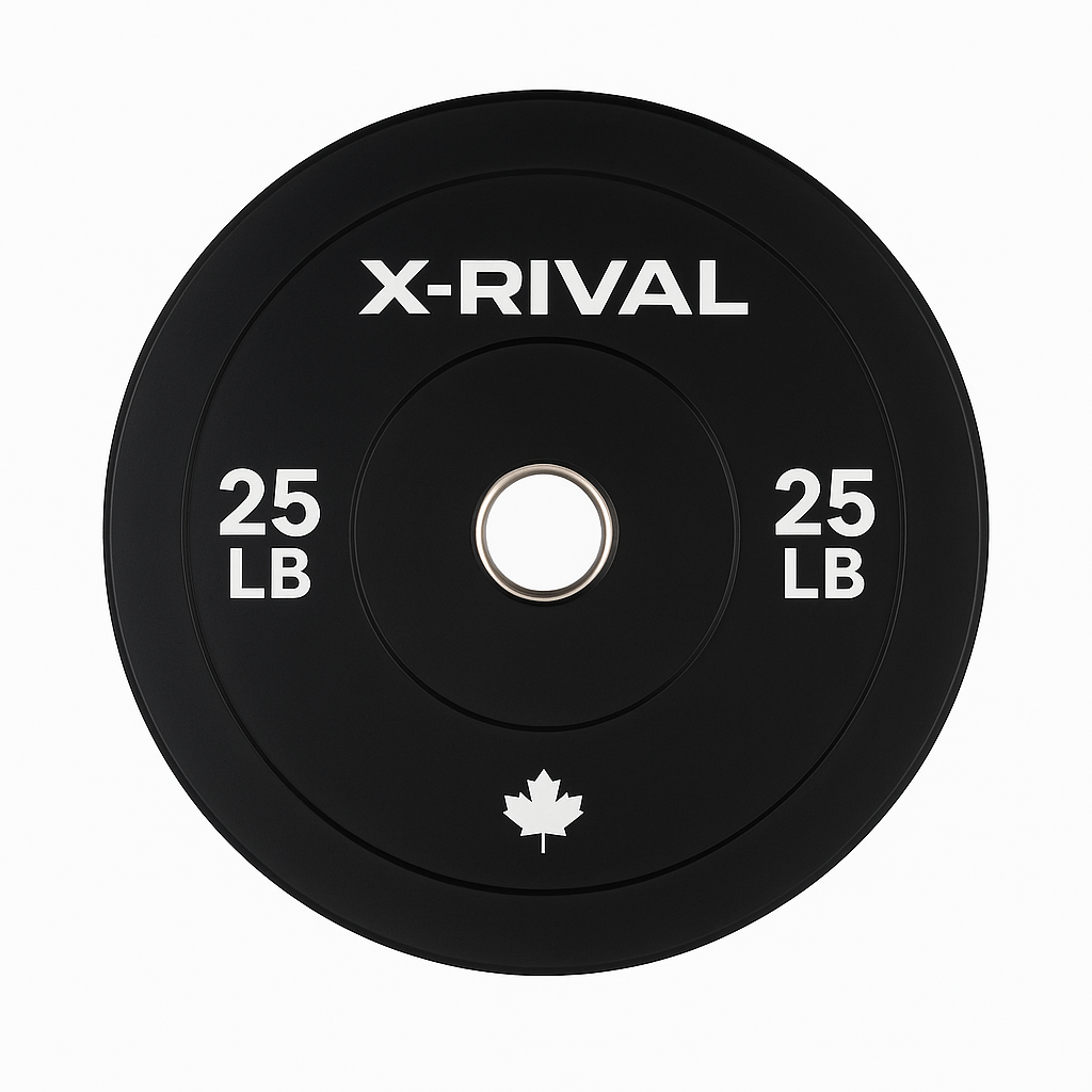 X-RIVAL 25 lb black bumper plate designed for high durability and performance in home gyms and fitness centers.