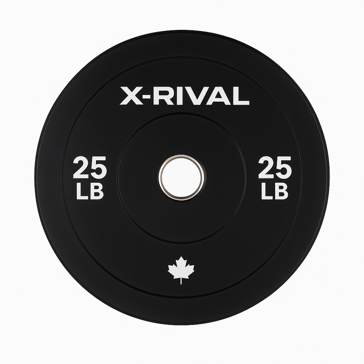 X-RIVAL 25 lb black bumper plate designed for high durability and performance in home gyms and fitness centers.