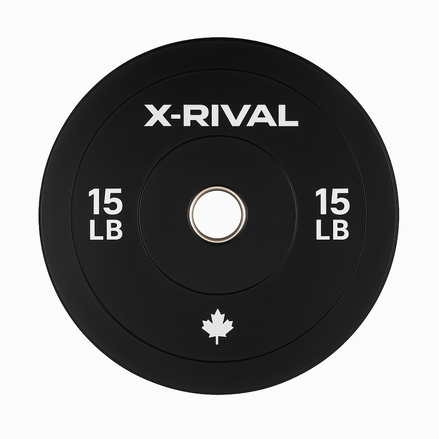 X-RIVAL 15lb black bumper plate crafted for durability and performance, ideal for weightlifting and home gym setups.