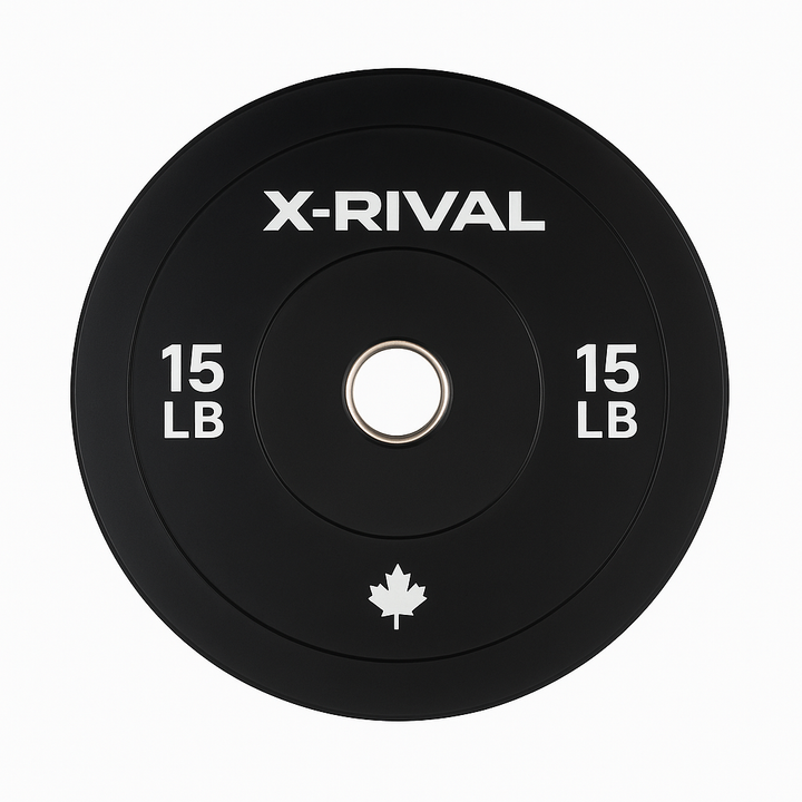 X-RIVAL 15lb black bumper plate crafted for durability and performance, ideal for weightlifting and home gym setups.