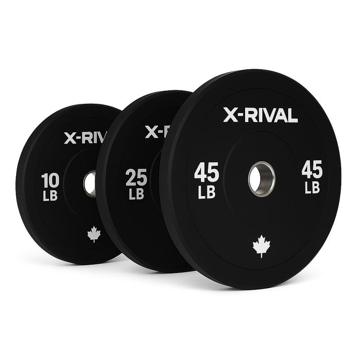X-RIVAL Black Bumper Plates in 10lb, 25lb, and 45lb sizes, ideal for barbells in gyms across Canada.