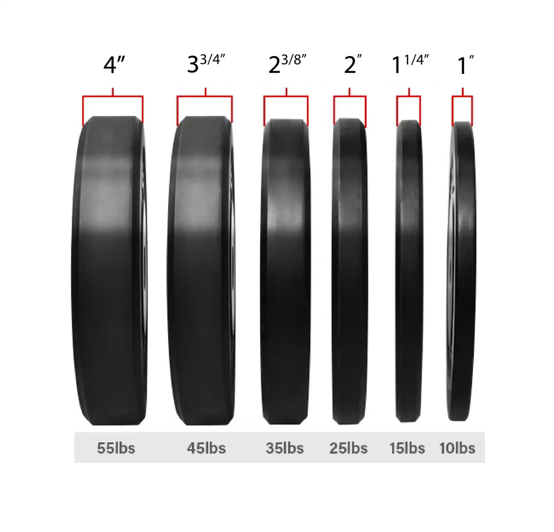 X-RIVAL black bumper plates display showing various weights and thicknesses for gym use.