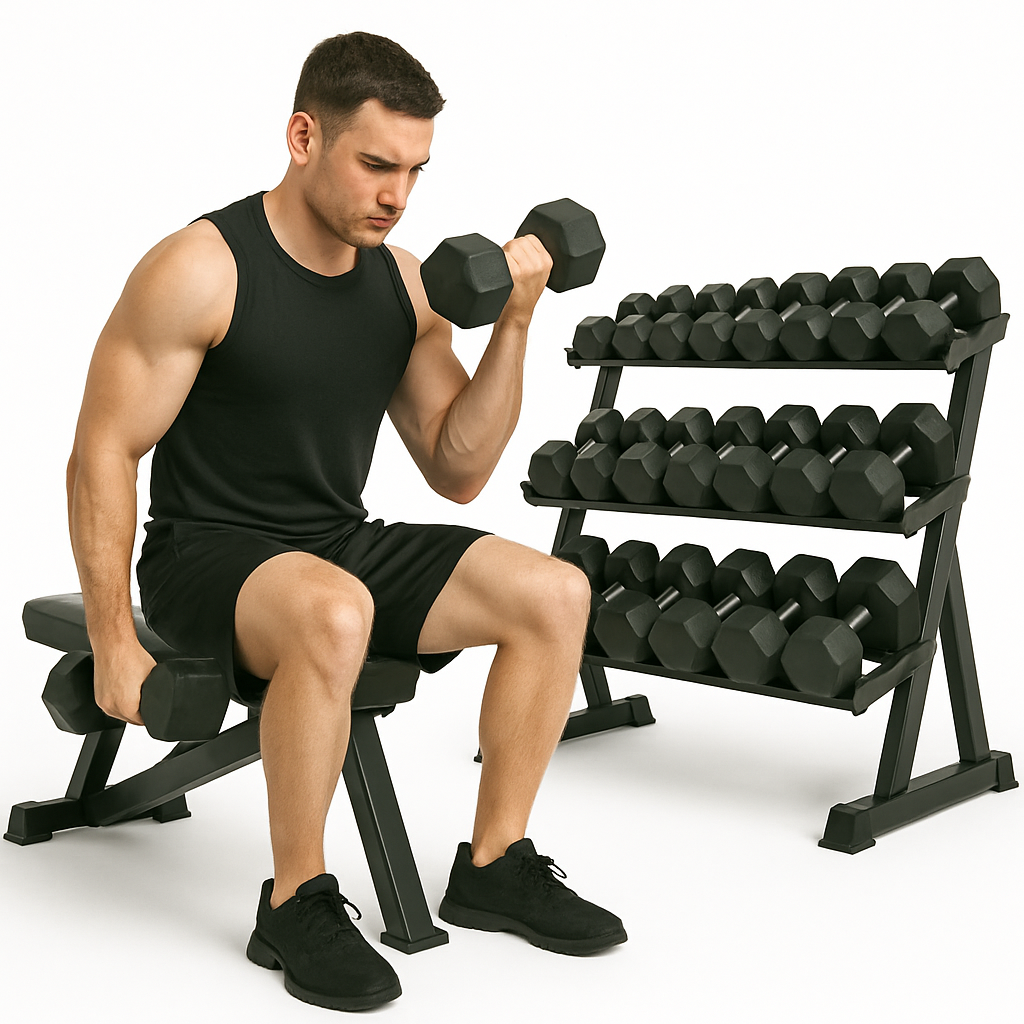 Man using X-RIVAL Rubber Hex Dumbbells on a weight bench, showcasing strength training and fitness performance.