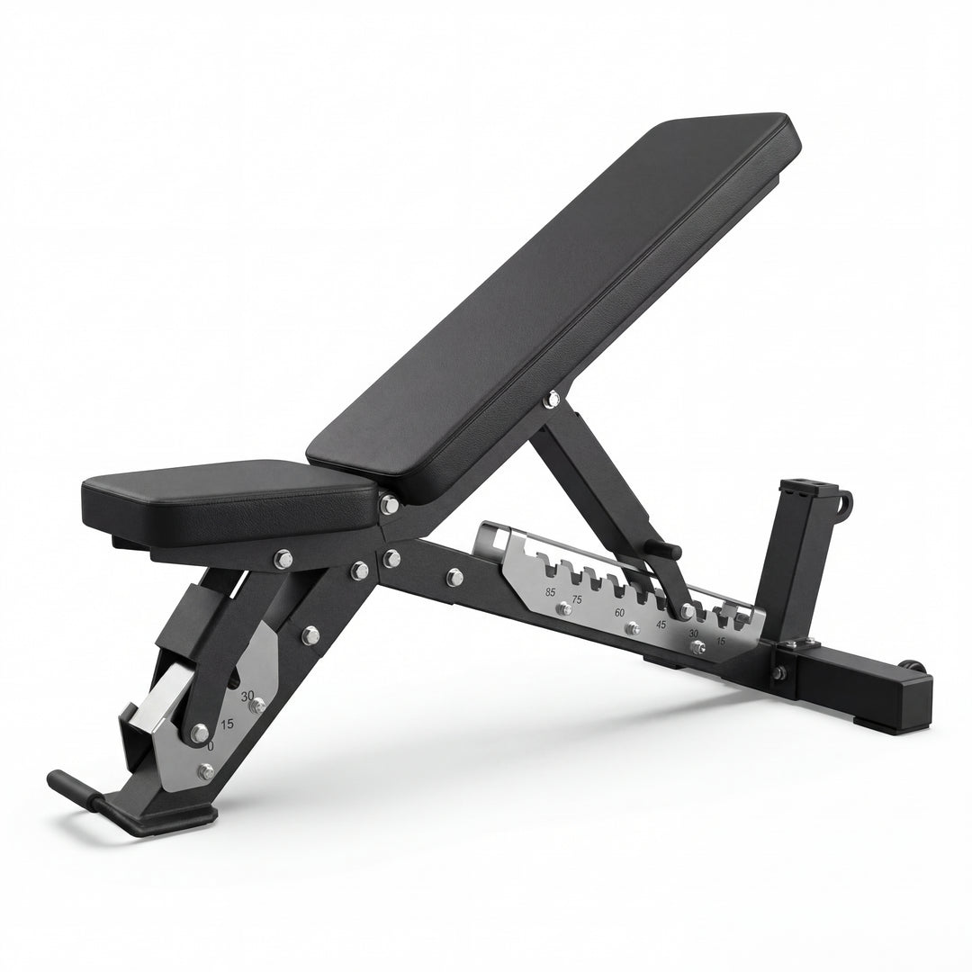 Black adjustable weight bench on a white background