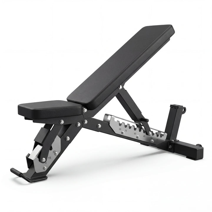 Black adjustable weight bench on a white background