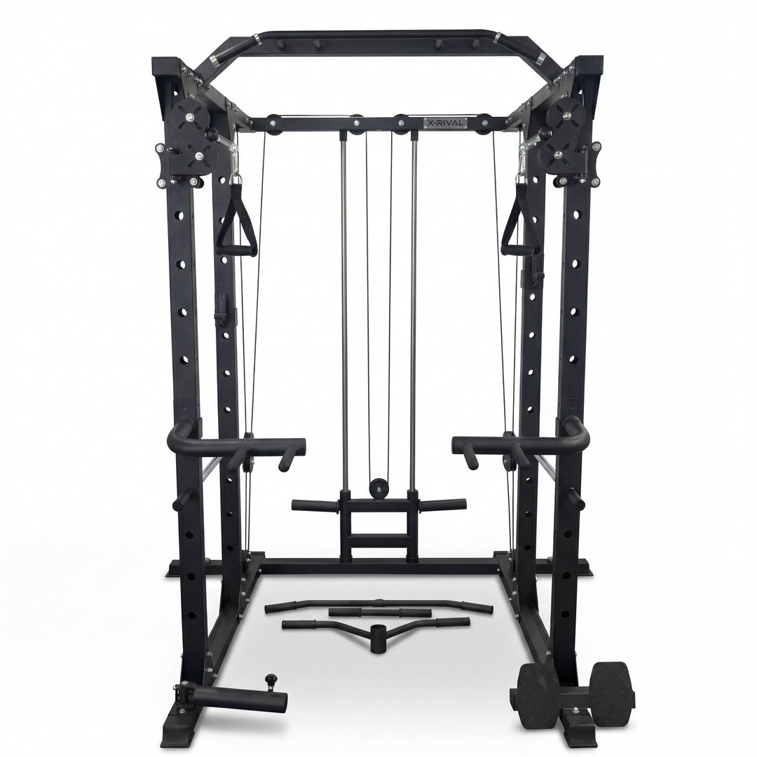 Black cable machine gym equipment on a white background