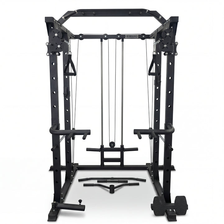 Black cable machine gym equipment on a white background