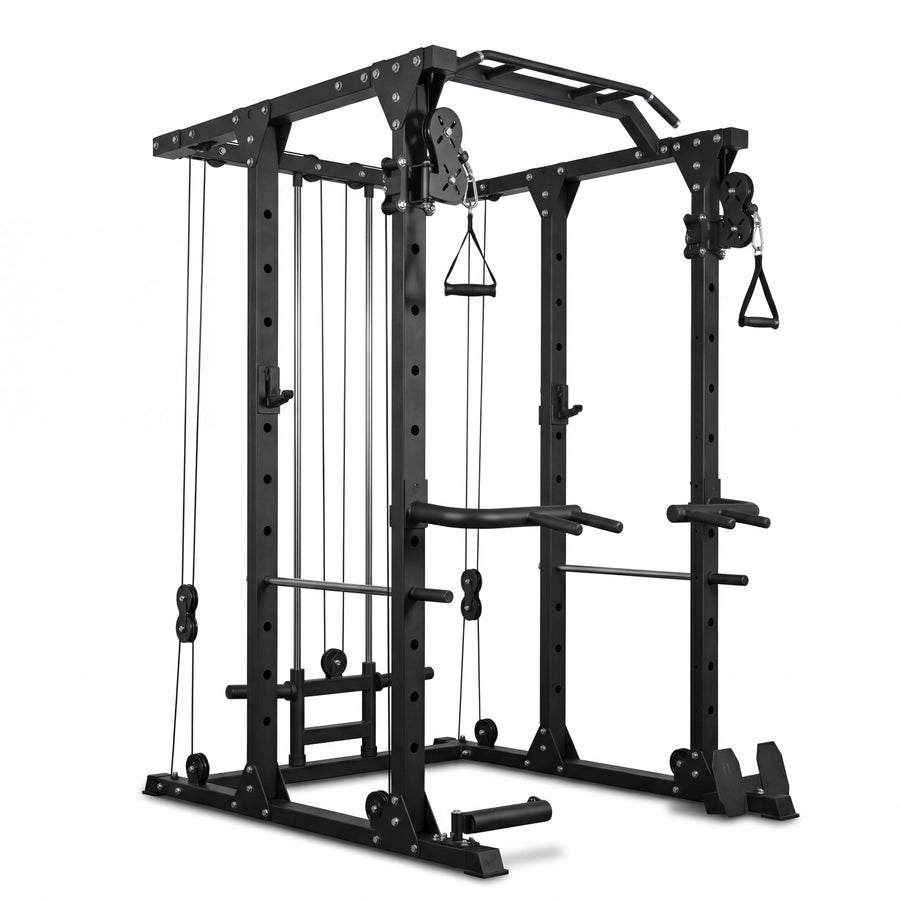 Black cable machine gym equipment on a white background