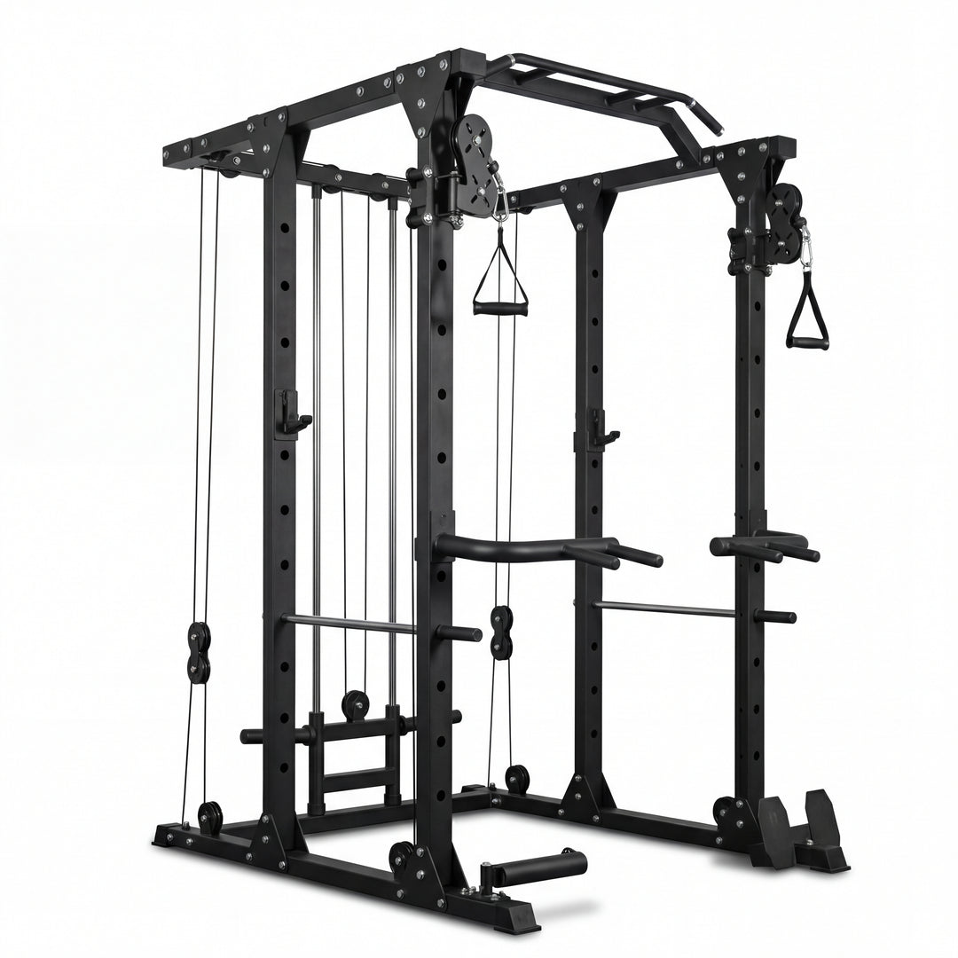 Black cable machine gym equipment on a white background