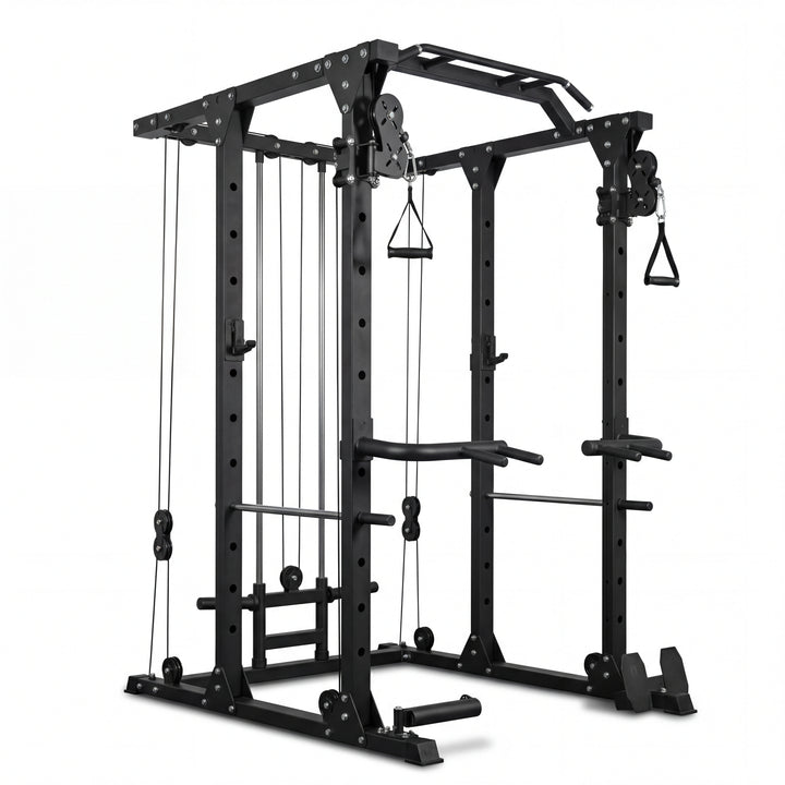 Black cable machine gym equipment on a white background