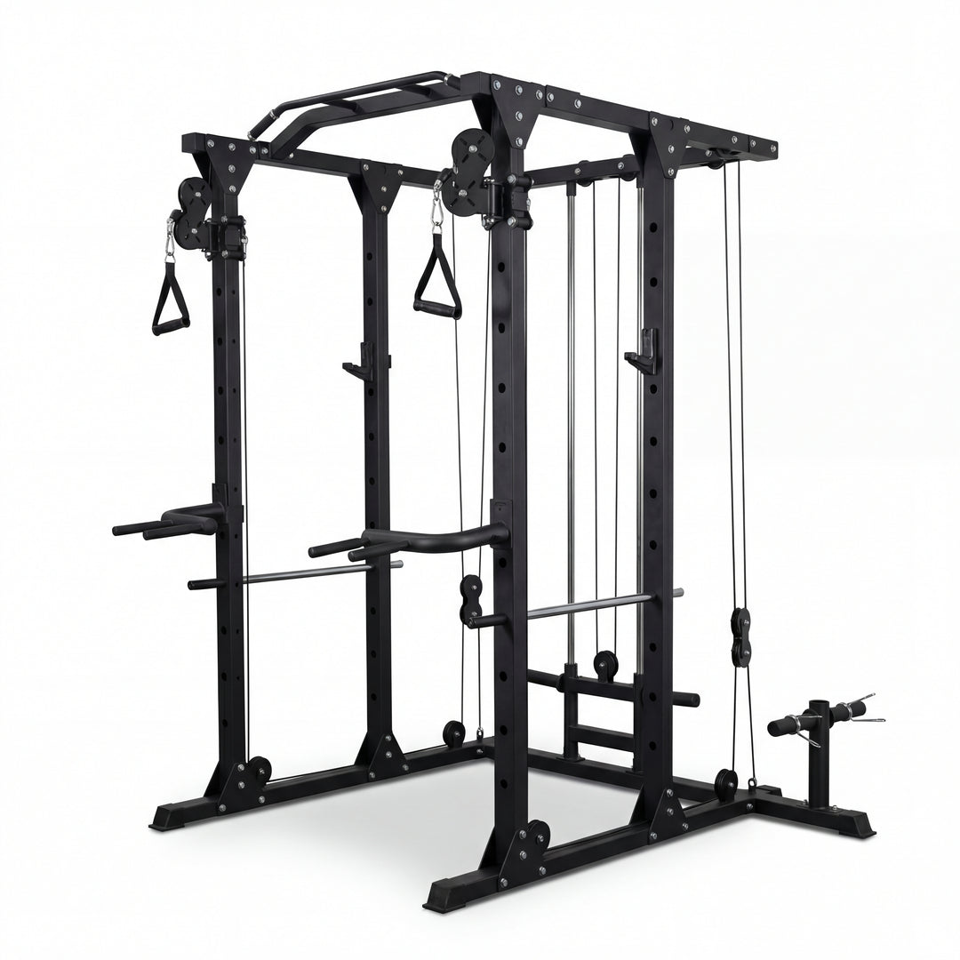 Black gym cable machine on a white background